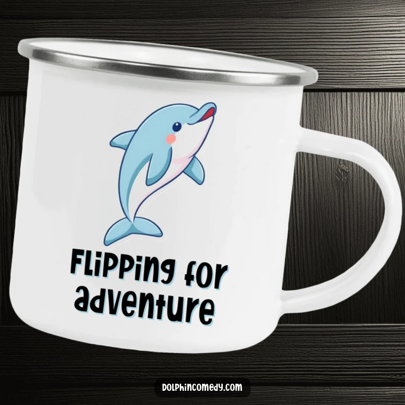 Funny dolphin camping mug featuring a playful dolphin doing a magnificent flip, ideal for outdoor use and marine enthusiasts.