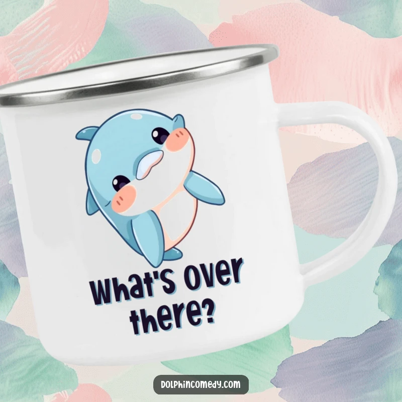 Funny Enamel Camping Mug featuring a curious dolphin bobbing its head, durable for outdoor use, an excellent funny gift for adventurers.