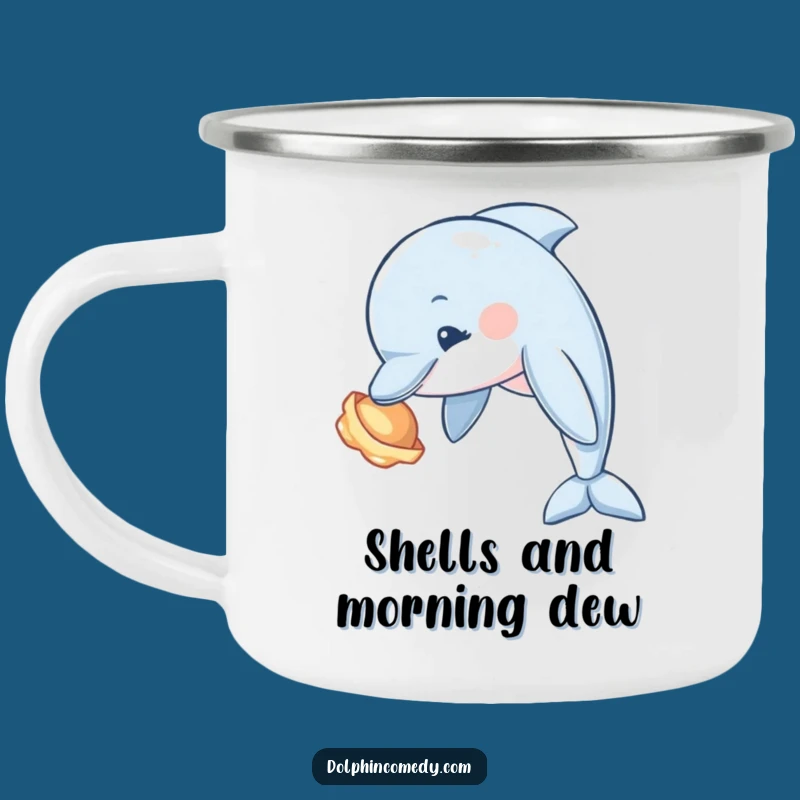 Funny Curious Dolphin Seashell Camping Mug - Ocean Explorer Enamel Mug, Gift