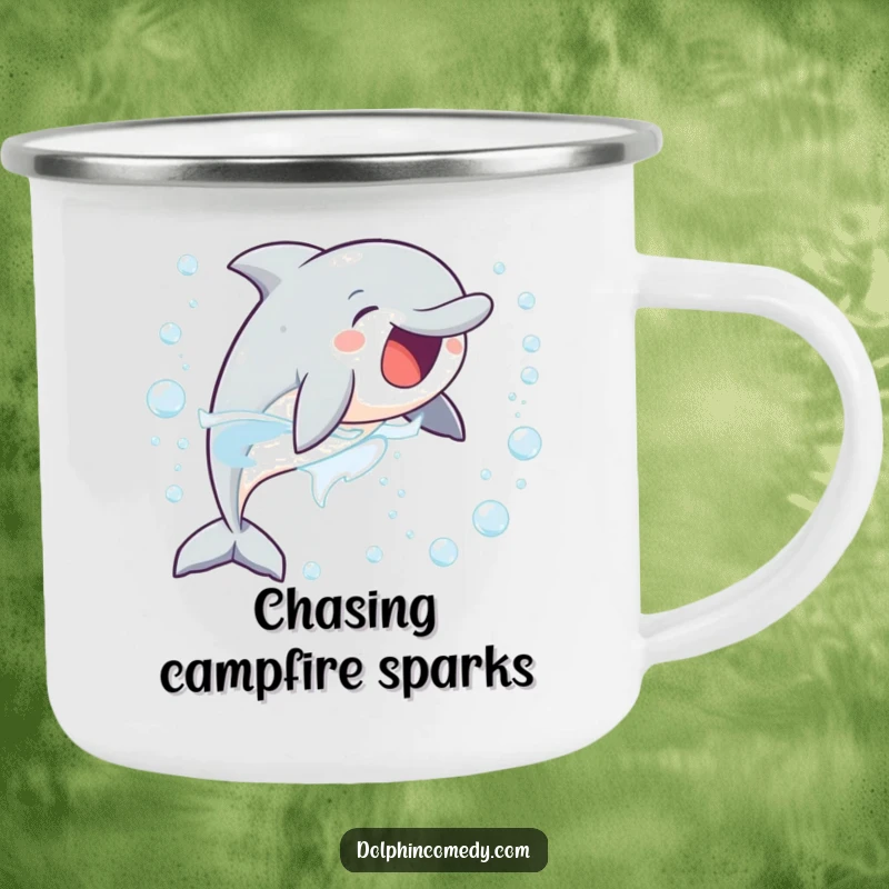 Funny enamel camping mug displaying a delighted dolphin chasing bubbles, perfect for enjoying drinks during outdoor escapades.
