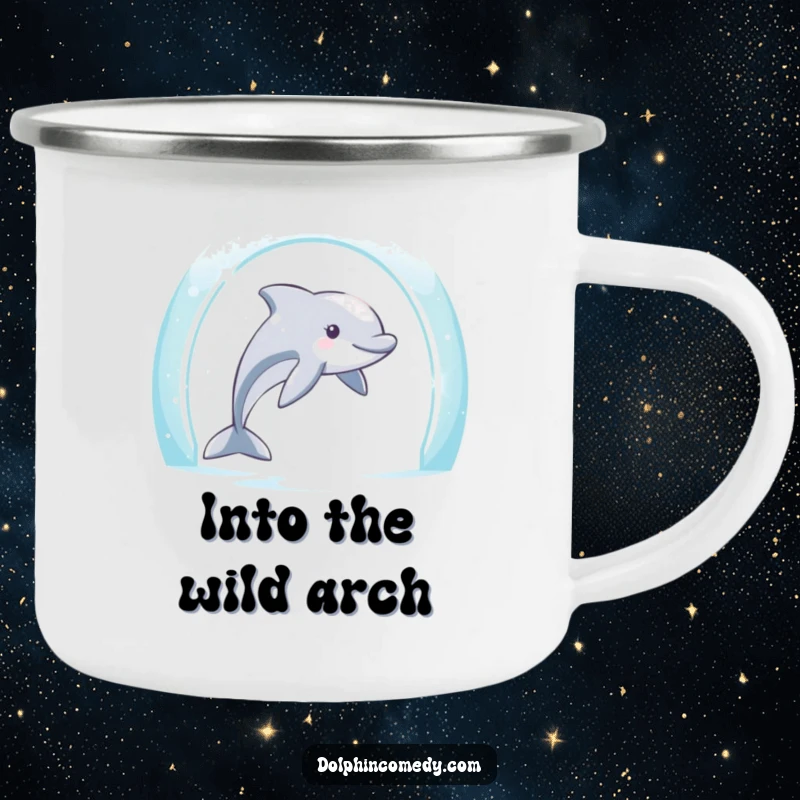 Funny Dolphin Camp Mug: Determined dolphin swims through an archway, durable and humorous for adventurers, great funny gift.