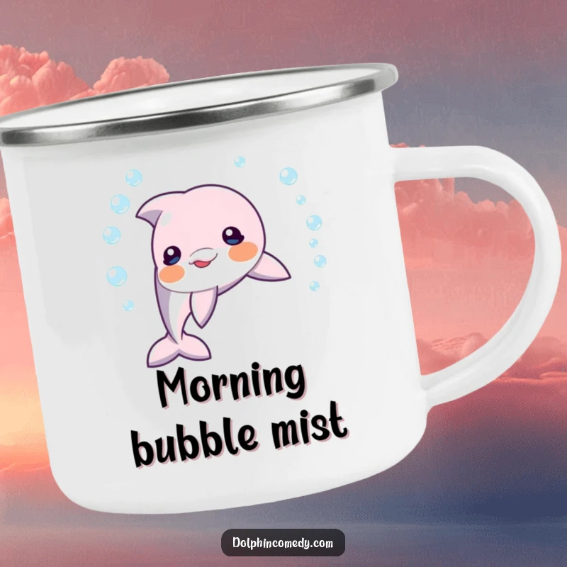Funny dolphin blowing a perfect bubble ring underwater, an enamel camping mug for playful outdoor experiences.