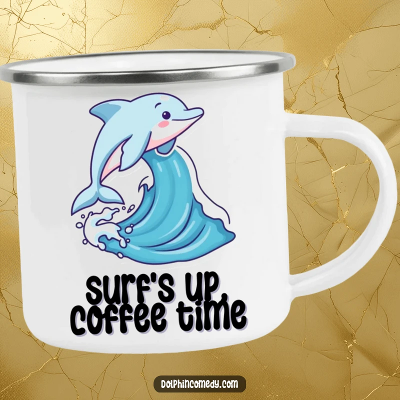 Funny dolphin leaping joyfully out of a stylized ocean wave, printed on a durable camping mug for outdoor enjoyment.