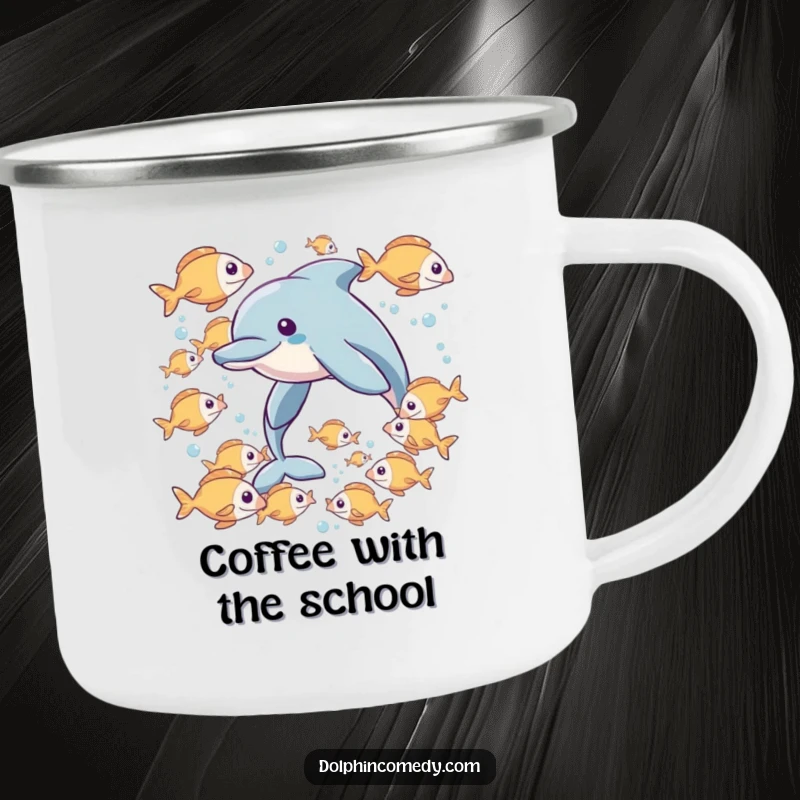 Funny camping mug featuring a dolphin swimming with a playful school of fish, perfect for enjoying drinks outdoors.