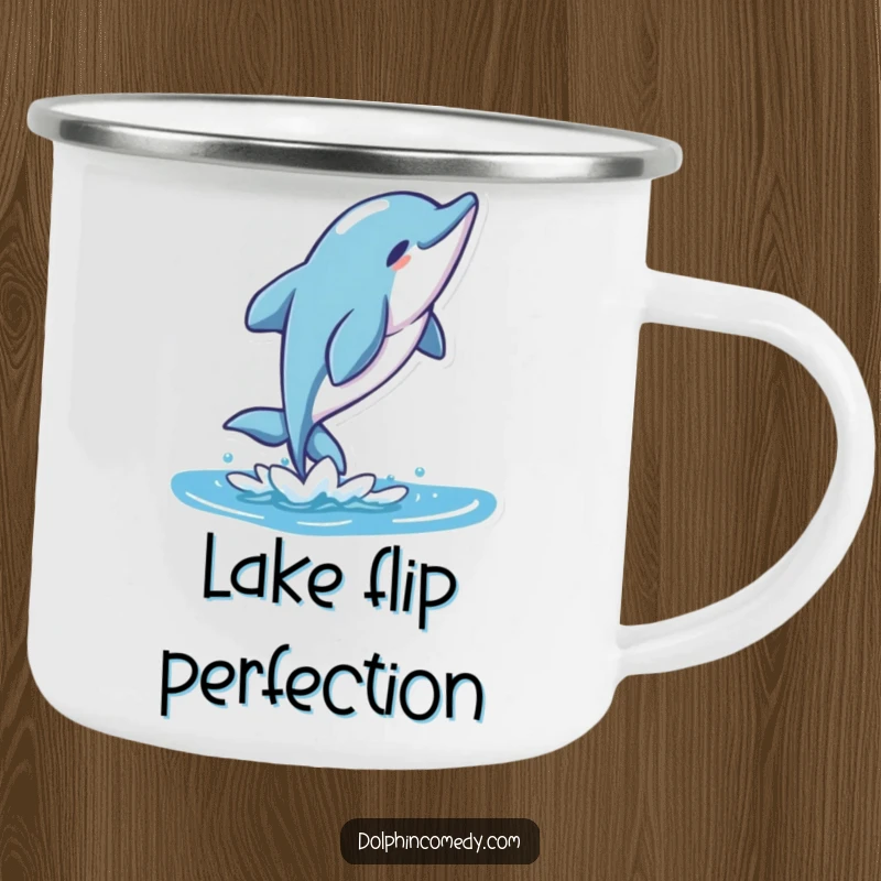 Funny Stylized Dolphin Camping Mug with a character performing a graceful flip, perfect for outdoor use.