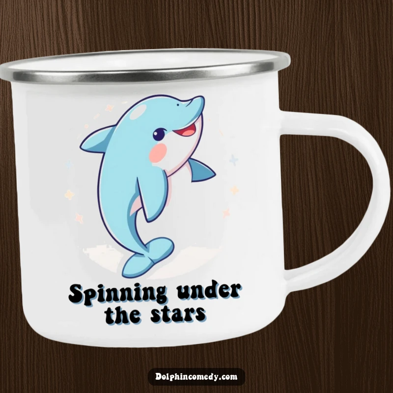 Funny enamel camping mug showcasing a dolphin's joyful spin, ideal for outdoor adventures and adding humor to every sip.