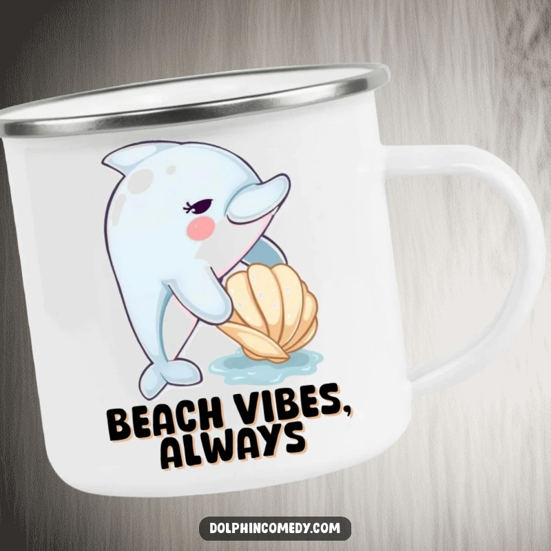 Funny dolphin camping mug with a cute dolphin nudging a seashell, ready for outdoor excursions and a dose of marine humor.