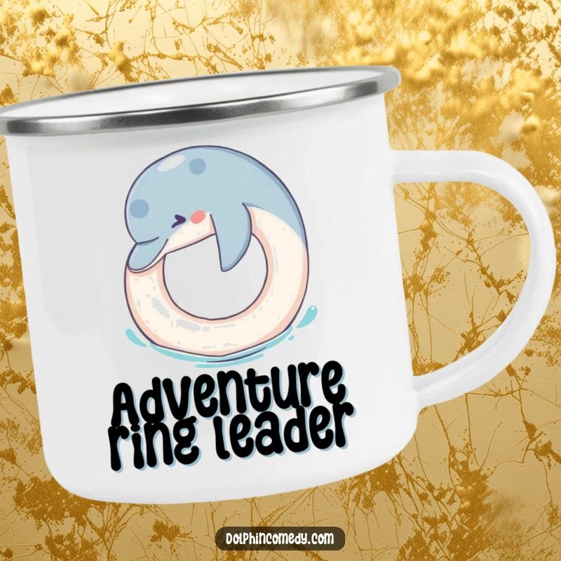 Funny Camping Mug: A durable mug showing a dolphin playfully nudging a ring, perfect for outdoor humor and coffee.