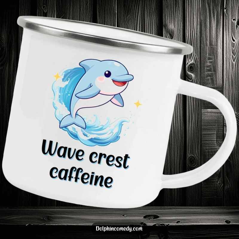 Funny Dolphin Camping Mug: A joyful dolphin leaping through a sparkling wave, a humorous and sturdy outdoor essential.