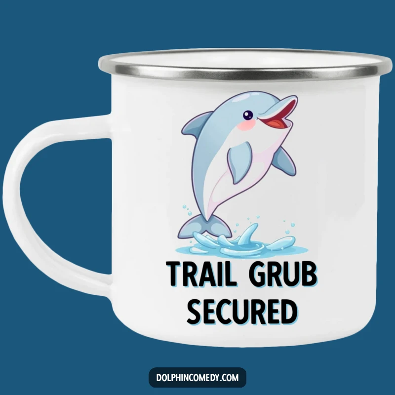 Funny Excited Dolphin Enamel Camping Mug: Adventure Catch, Perfect Funny Gift