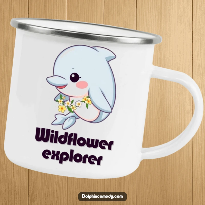 Funny camping mug featuring a happy dolphin wearing a flower garland, swimming in water, designed for outdoor adventures.