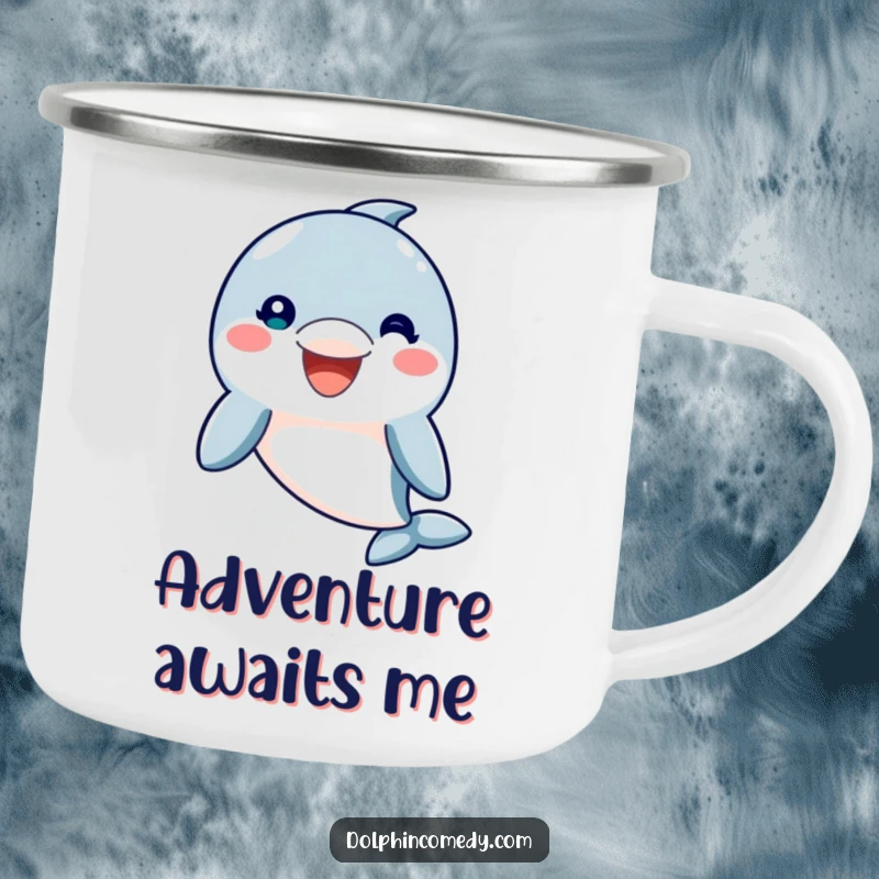 Funny Enamel Camping Mug featuring a friendly dolphin with a welcoming smile, durable for outdoor use, an excellent funny gift for adventurers.