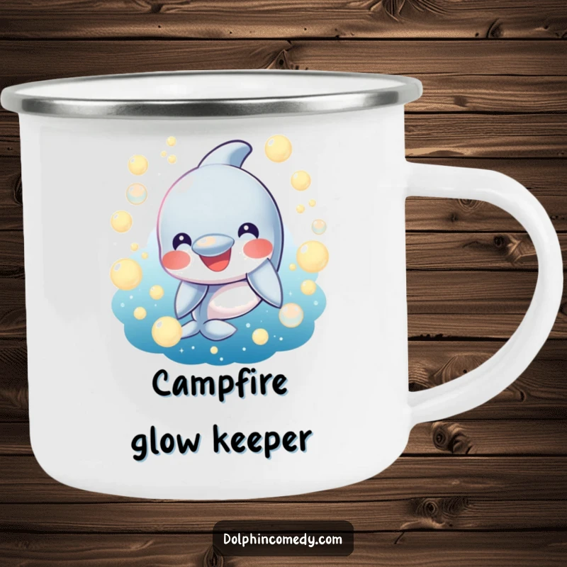 Funny Camping Mug: A smiling dolphin surrounded by glowing bubbles. Rugged and humorous for outdoor enthusiasts.