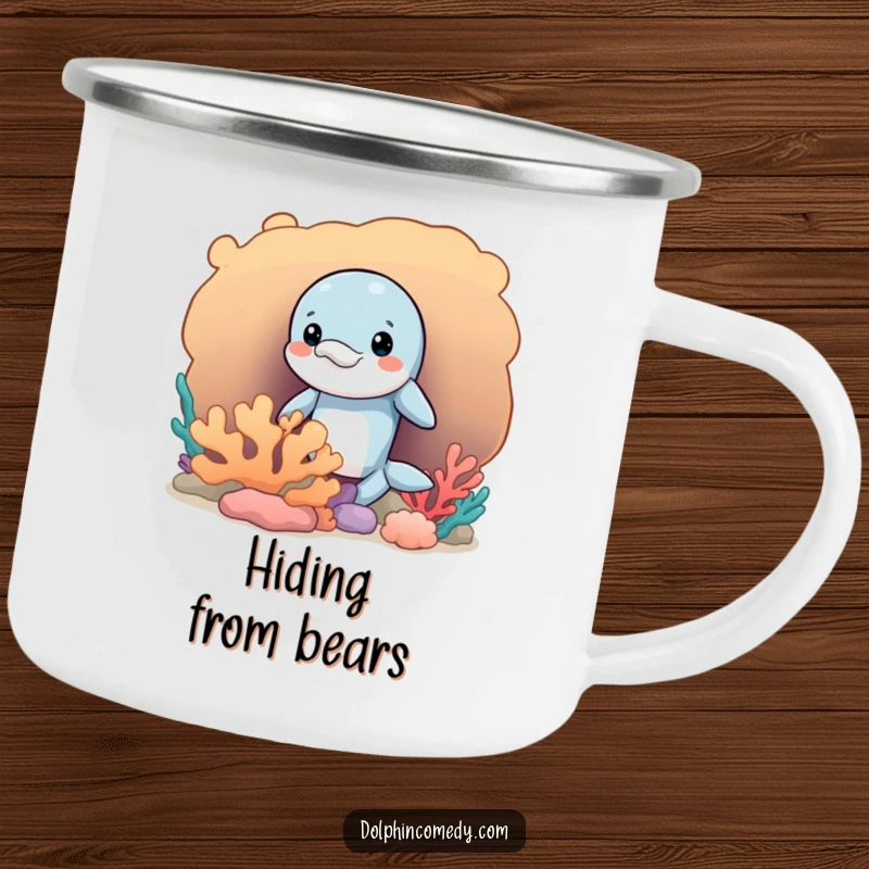 Funny camping mug with a mischievous dolphin peeking from behind coral, ready for outdoor fun and humor.