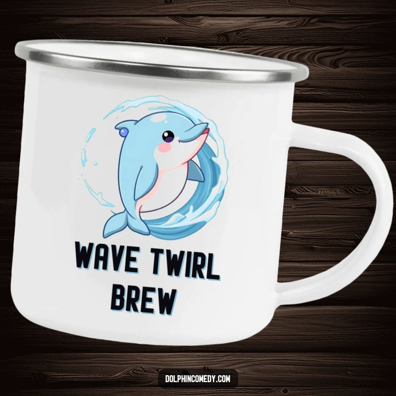 Funny Dolphin Camping Mug showing a playful dolphin twirling in a wave, perfect for outdoor use.