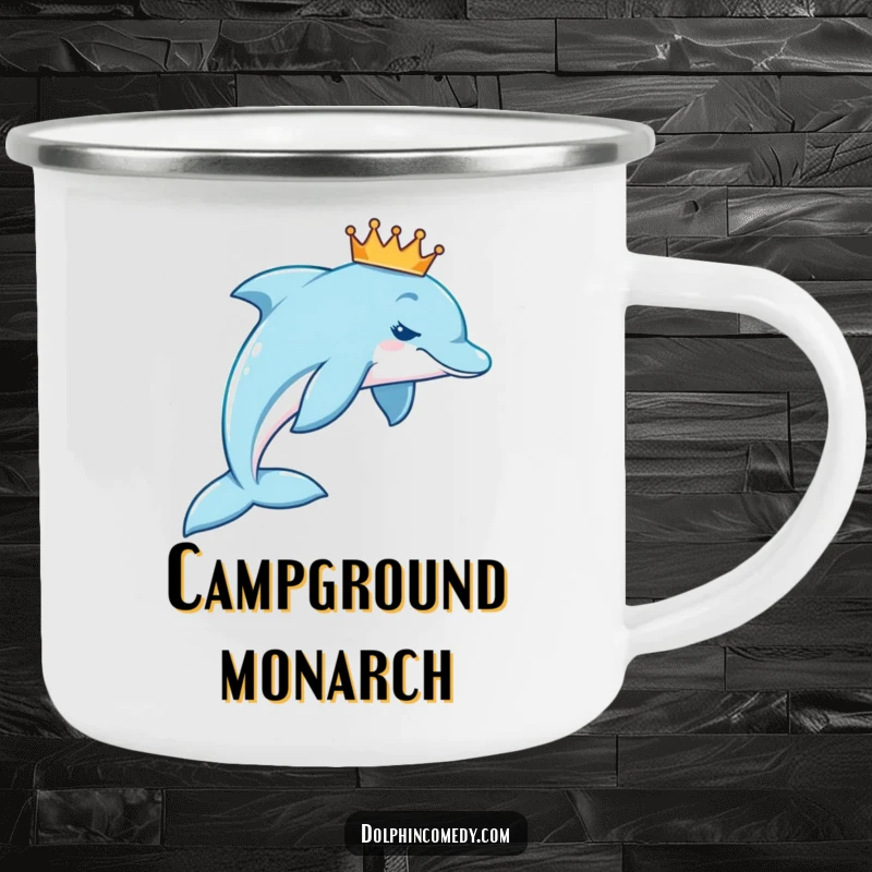 Funny royal dolphin camping mug with a tiny crown, swimming gracefully in an arc, perfect for outdoor royalty.