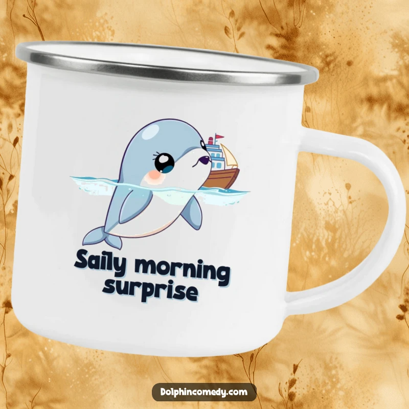 Funny camping mug featuring a surprised dolphin with wide eyes, ready for an outdoor adventure, evoking humor and wanderlust.