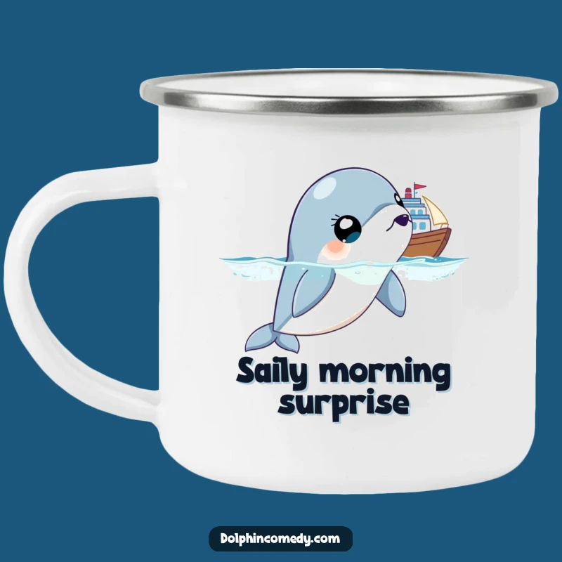Funny Surprised Dolphin Camping Mug, Wide Eyes Adventure, Outdoor Humor