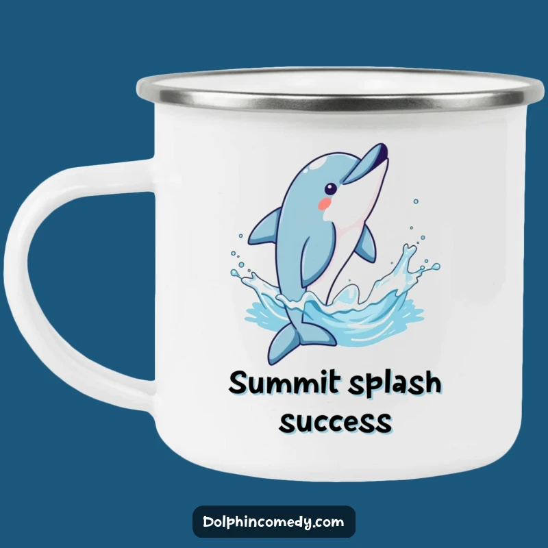 Funny Triumphant Dolphin Camping Mug - Durable Humorous Outdoor Celebration