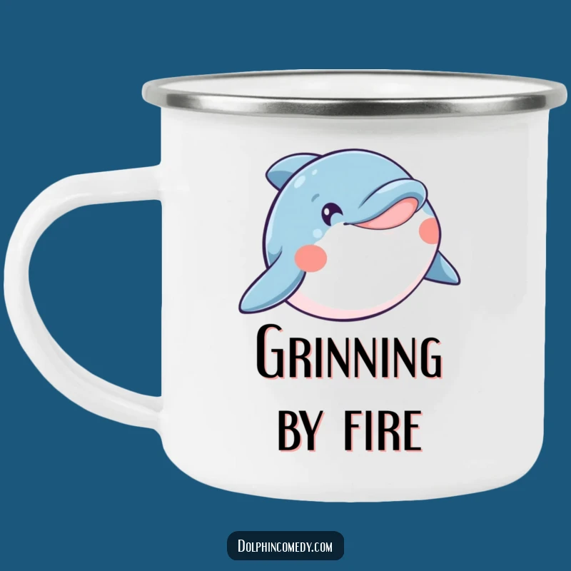 Funny Happy Dolphin Camping Mug, Wide Smile Adventure, Joyful Outdoors