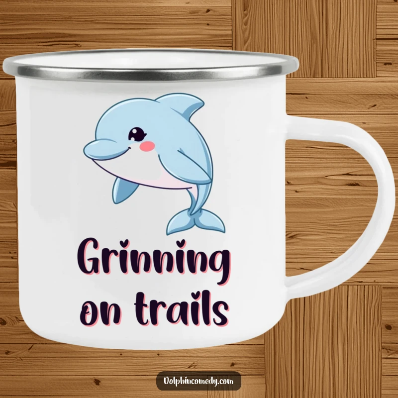 Funny Camping Mug: A durable mug depicting a dolphin with a wide grin swimming swiftly, perfect for outdoor humor.