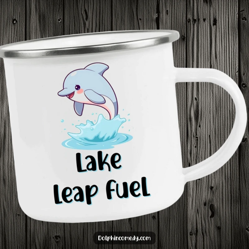 Funny dolphin camping mug illustrating a happy dolphin leaping with a splash, perfect for enjoying drinks on any adventure.