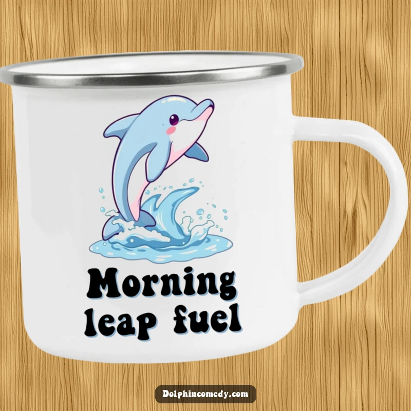 Funny camping mug illustrating a dolphin joyfully breaching the water, perfect for sipping your favorite drink outdoors.