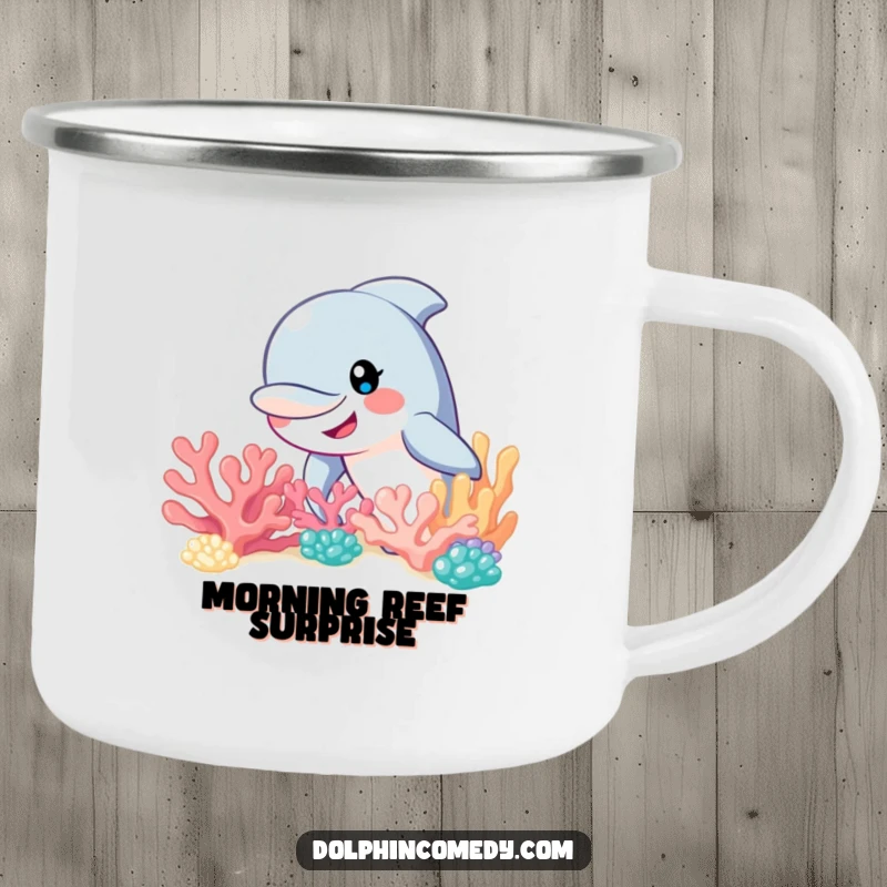 Funny dolphin with a wide smile peeking from behind a coral reef, an enamel camping mug for curious adventurers.