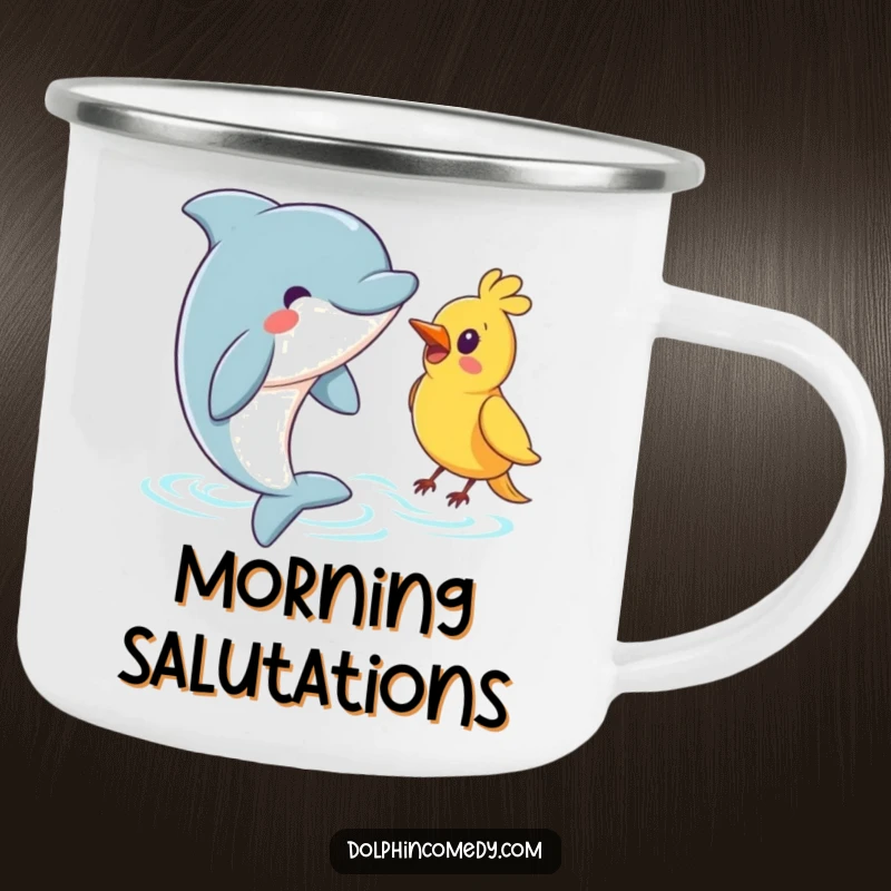 Funny Dolphin Camping Mug: A dolphin warmly greeting a bird, ready for adventures with oceanic and avian friendship.