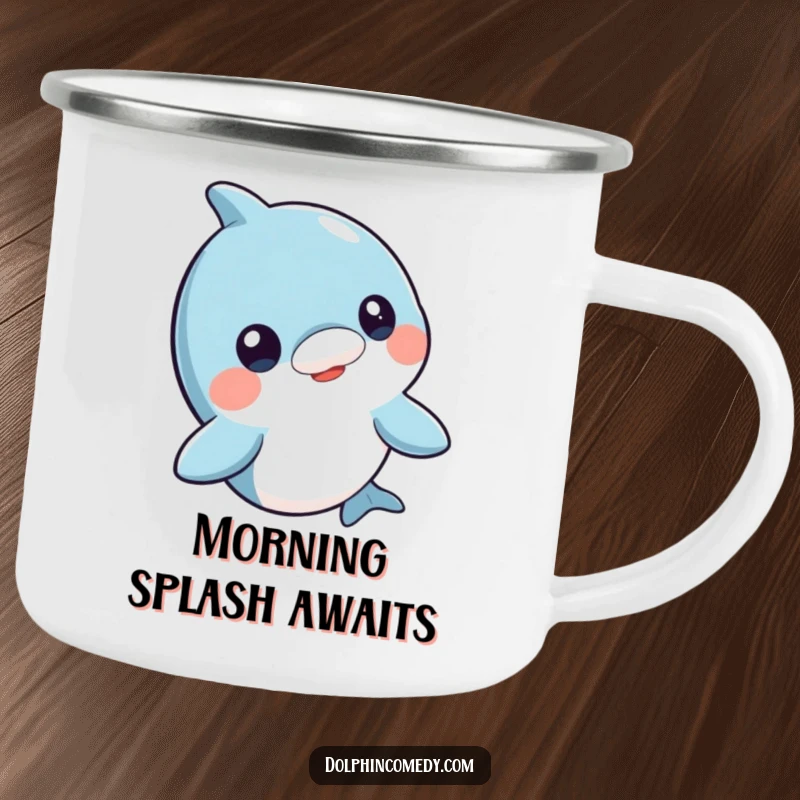 Funny curious dolphin camping mug, head bobbing adventurously, rugged and portable, ideal humorous gift for outdoor lovers.