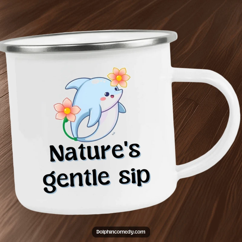 Serene Dolphin Flower Camping Mug featuring a dolphin swimming gracefully with a flower, ideal for enjoying the outdoors.