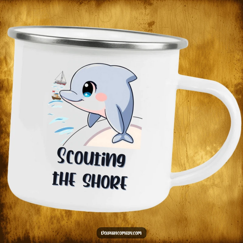Funny camping mug featuring a dolphin with intelligent eyes watching a boat, designed for outdoor enthusiasts with a thoughtful side.