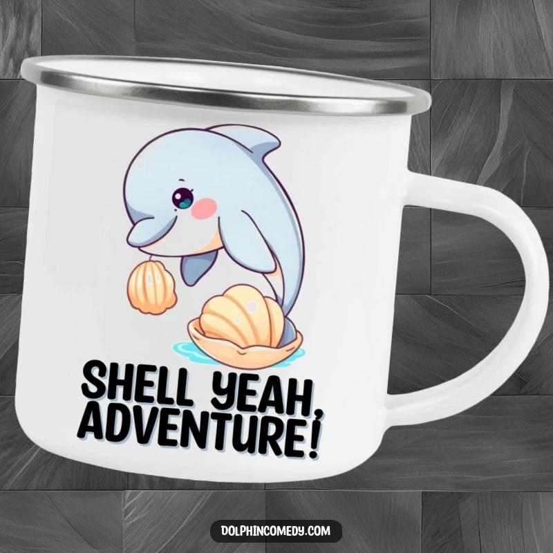 Funny enamel camping mug with a curious dolphin nudging a seashell, designed for durable outdoor use and enjoyment.