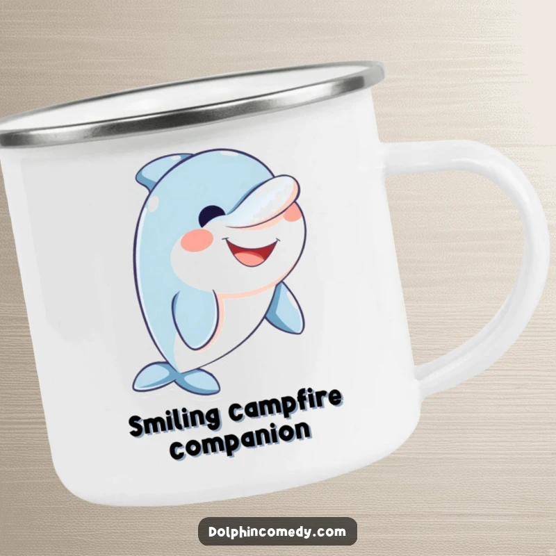 Funny friendly dolphin camping mug depicting a dolphin with a wide, welcoming smile, perfect for outdoor drinks.
