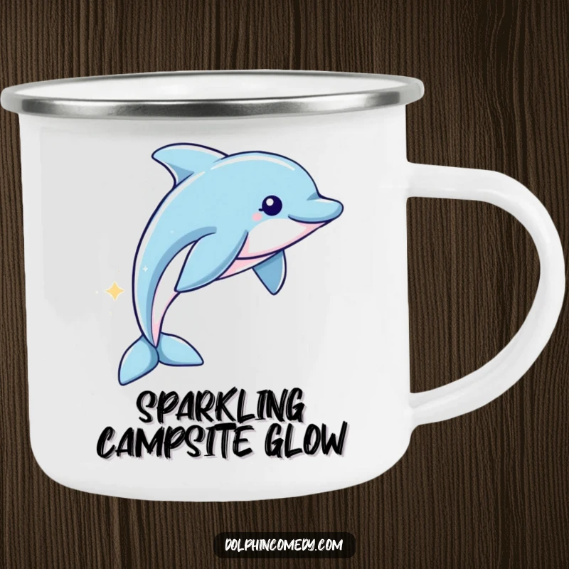 Funny Camping Mug: A durable mug showing a dolphin with a sparkling trail, perfect for outdoor magic and humor.