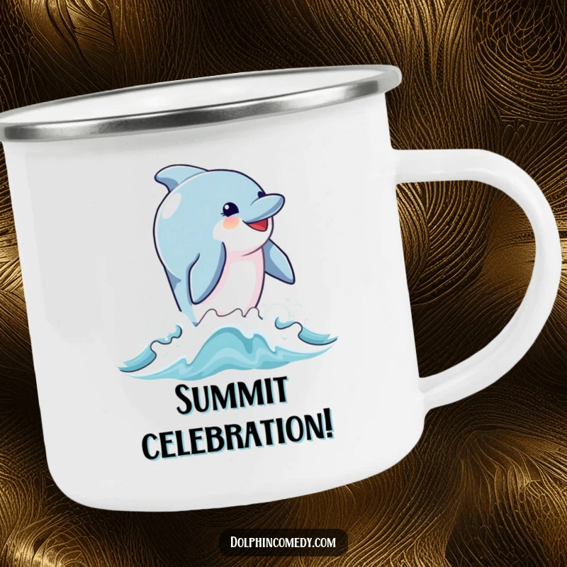 Funny camping mug showing a dolphin joyfully breaching from ocean waves, ideal for outdoor enthusiasts seeking cheer.