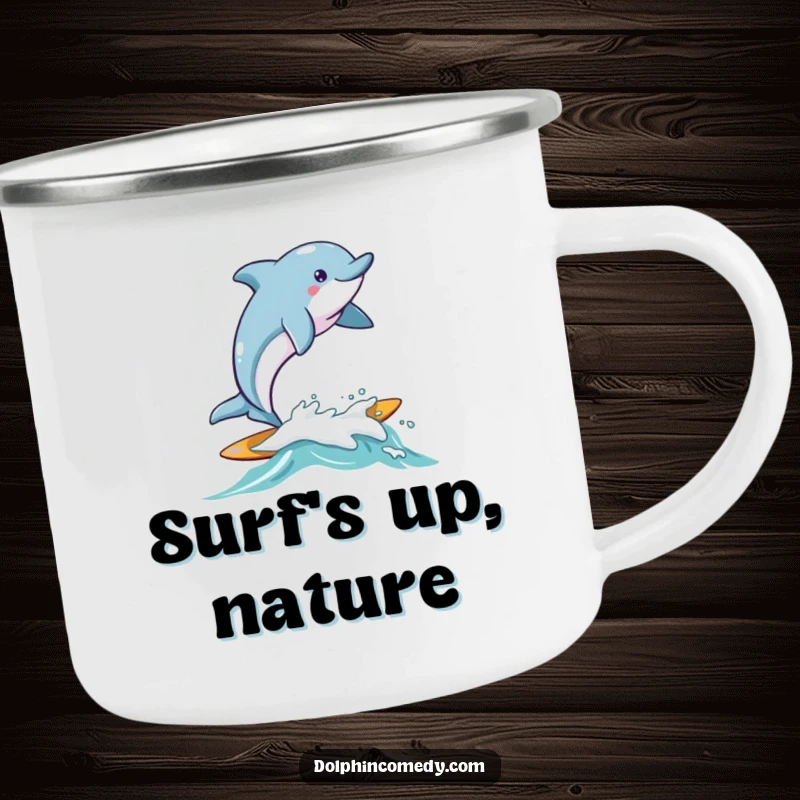 Funny Dolphin Camping Mug with a dolphin joyfully surfing on a friendly wave, perfect for enjoying drinks outdoors.