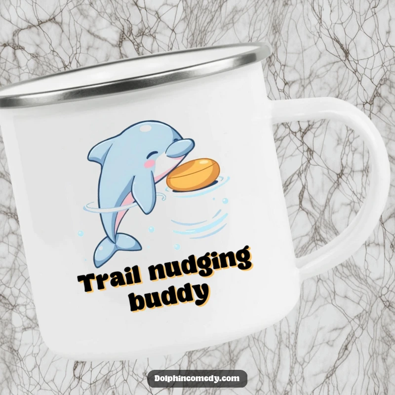 Funny dolphin camping mug showing a playful dolphin nudging a floating object, designed for outdoor adventures.