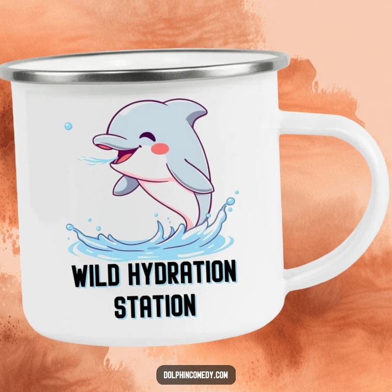 Funny Dolphin Camping Mug featuring an excited dolphin spraying water, ideal for outdoor enthusiasts who love humor.