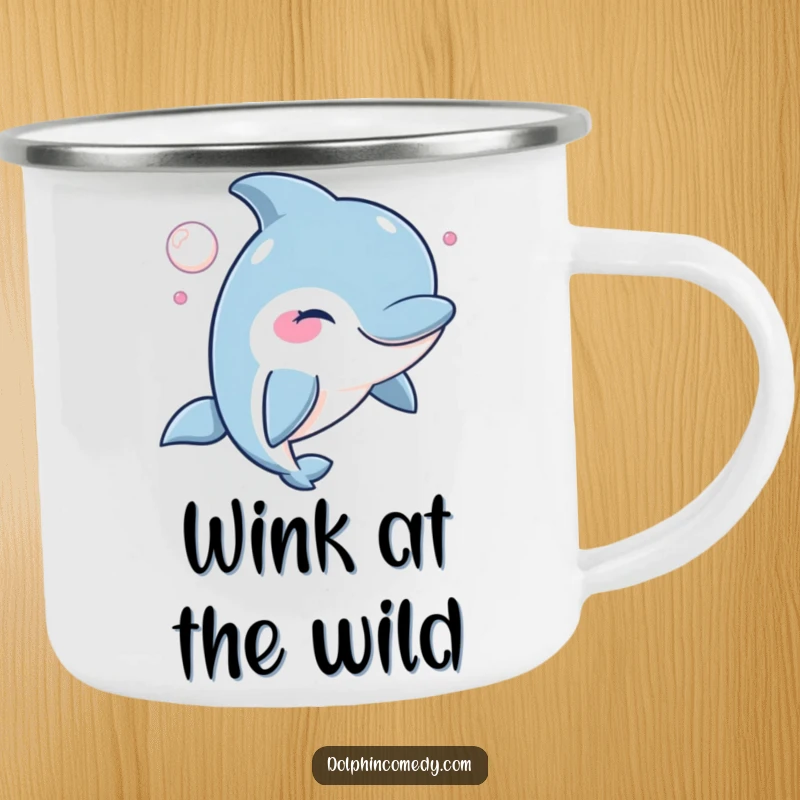 Funny Winking Dolphin Camping Mug featuring a winking dolphin blowing a bubble, ideal for outdoor fun.