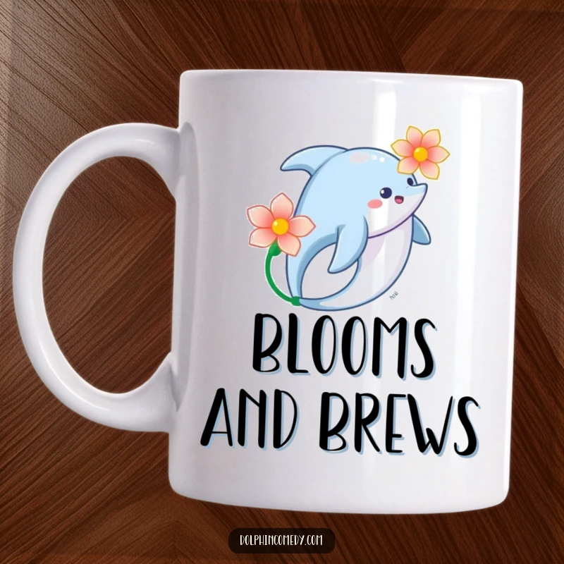 Graceful Dolphin Mug showcasing a dolphin swimming peacefully with a flower, a beautifully serene and artistic design.