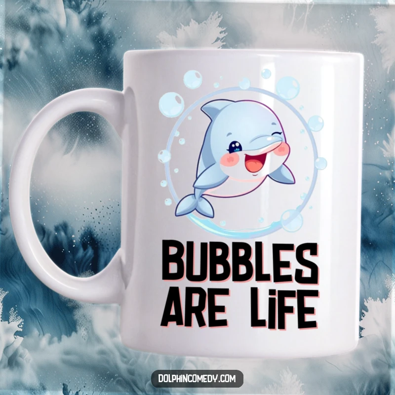 Funny dolphin with sparkling eyes leaping joyfully through a hoop of bubbles on a coffee mug.