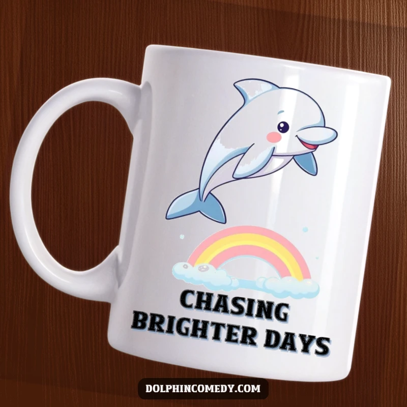 Funny Dolphin Mug: A playful dolphin jumping joyfully over a shimmering rainbow, celebrating freedom and happiness.