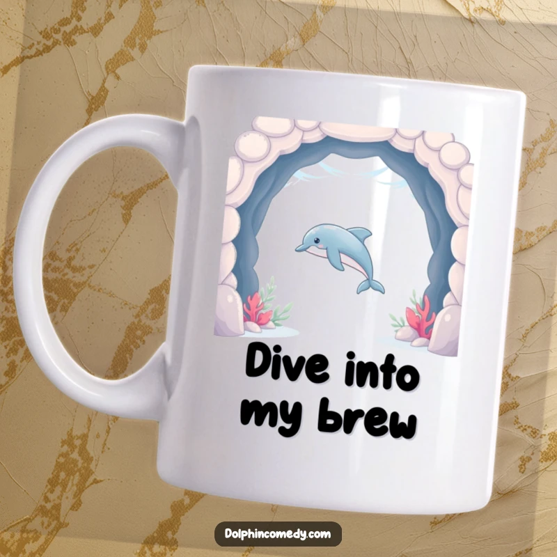 Funny Dolphin Mug showing a sleek dolphin swimming through an underwater archway, a humorous and aquatic gift.
