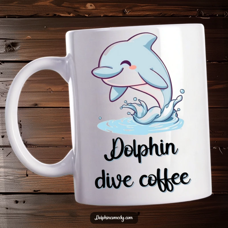 Funny Dolphin Mug featuring a happy marine creature with a wide smile leaping joyfully from the water, radiating delight.