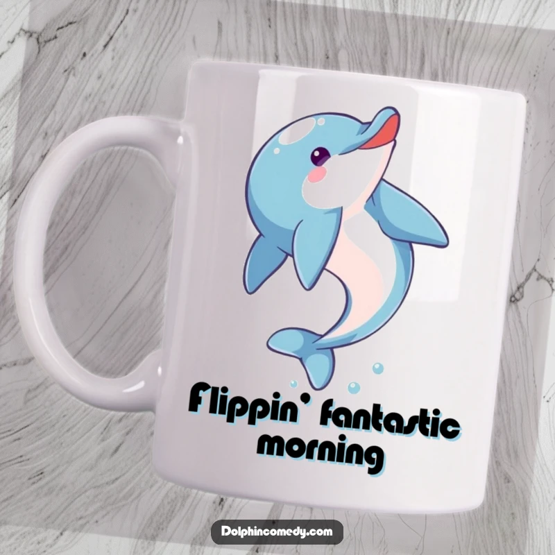 Funny Dolphin Mug: An eager dolphin mid-somersault, chirping with delight, showcasing playful aquatic acrobatics.