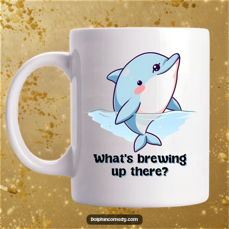 Funny mug showing a curious dolphin peeking its head out and looking upwards, conveying a sense of playful anticipation.