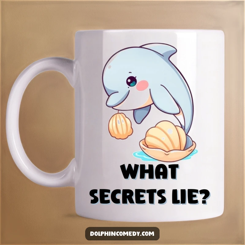Funny ceramic mug showing a dolphin with curious eyes gently nudging a seashell floating in the water.