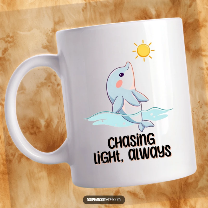 Funny dolphin mug showing a curious dolphin looking up at a sunbeam, evoking wonder and a sense of peace.