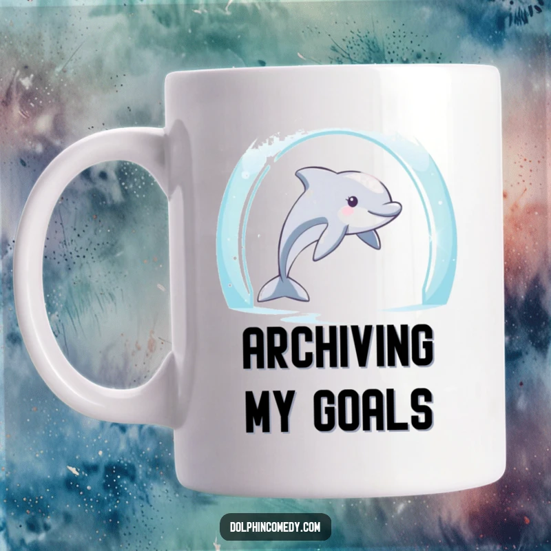 Funny Dolphin Mug: Determined dolphin swims through a shimmering archway, symbolizing ambition and humor, a great gift.